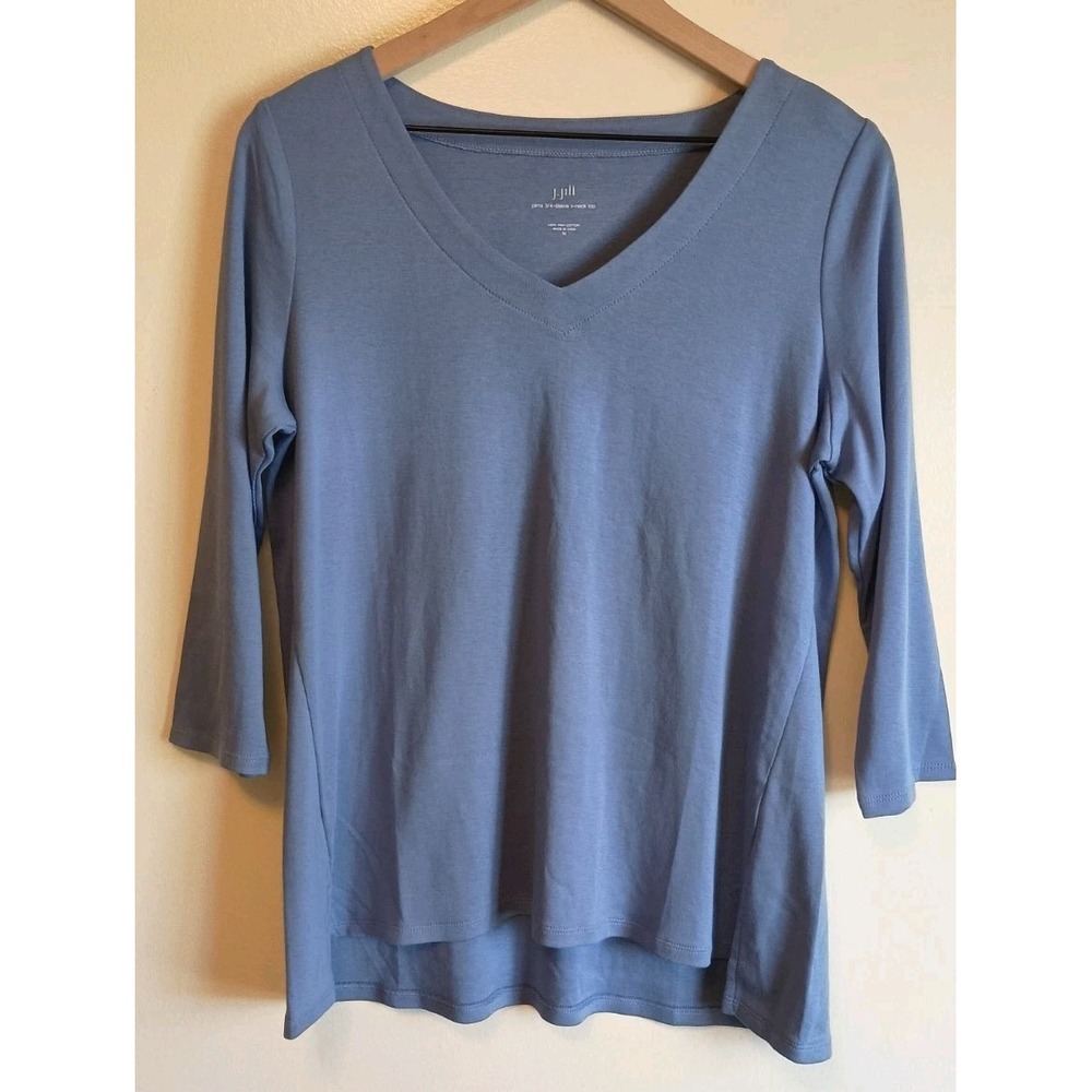 J.Jill Pima Cotton Top Medium Dusk Blue 3/4 Sleeve V Neck High Low Hem